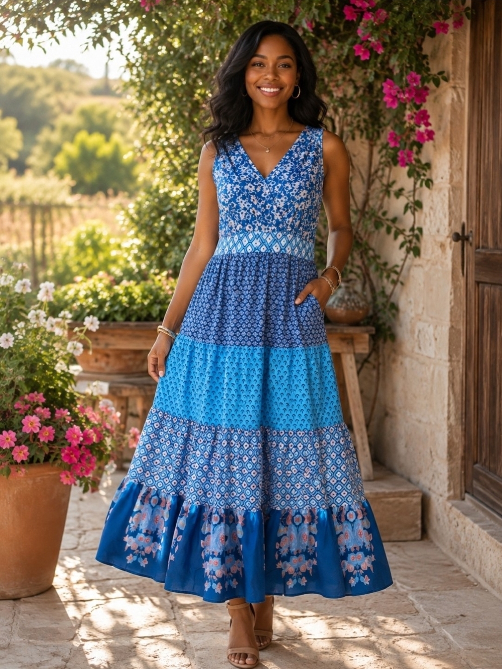 New! Bloomchic Tiered Floral Sleeveless Maxi Dress with Pockets, Sz 2X, NWT